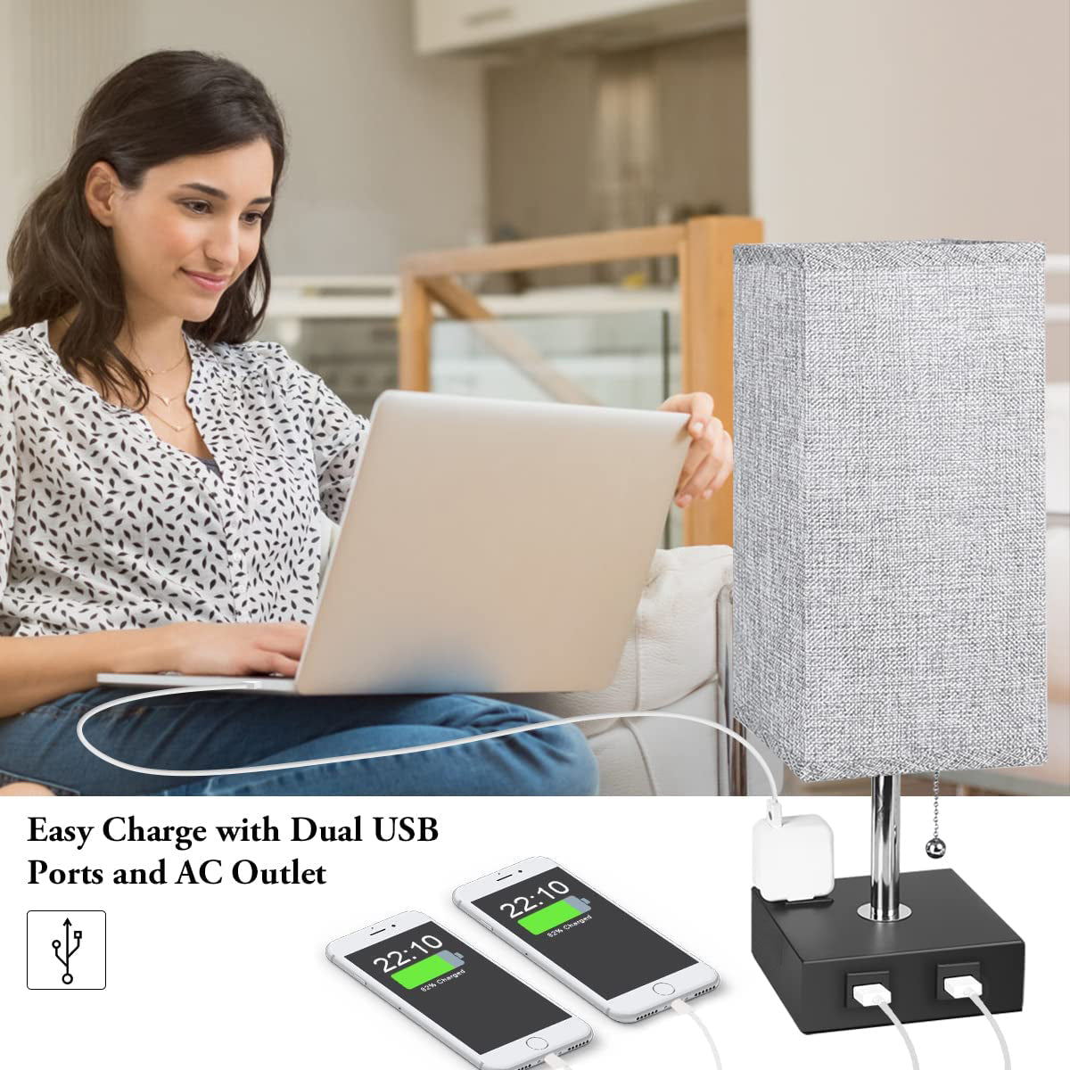 USB Bedside Table Lamp - Grey DC-THE CEO dÉsirer