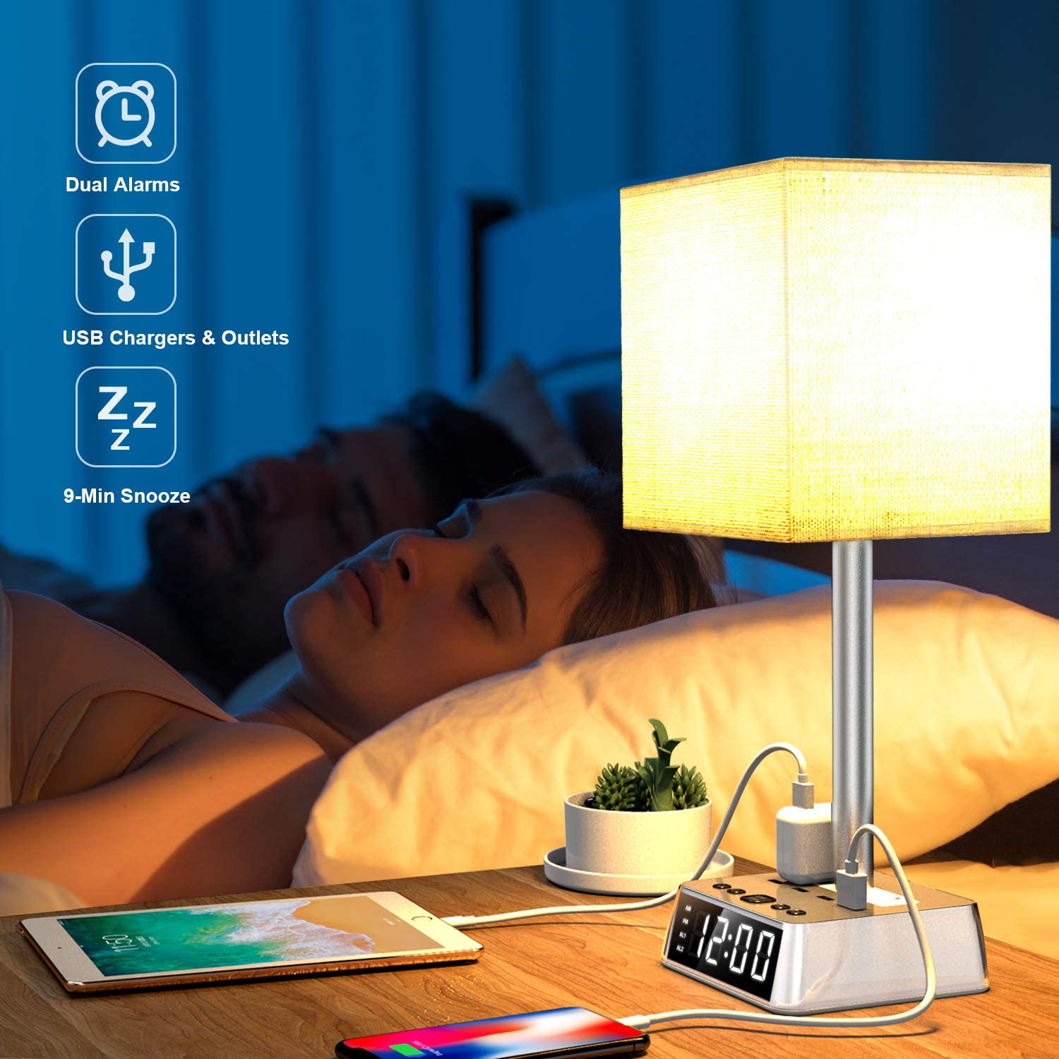 Table Lamp, 4 USB Ports &amp; AC Power Outlets, Alarm Clock DC-THE CEO dÉsirer