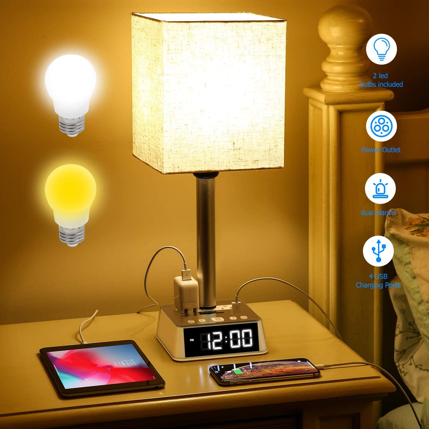 Table Lamp, 4 USB Ports &amp; AC Power Outlets, Alarm Clock DC-THE CEO dÉsirer