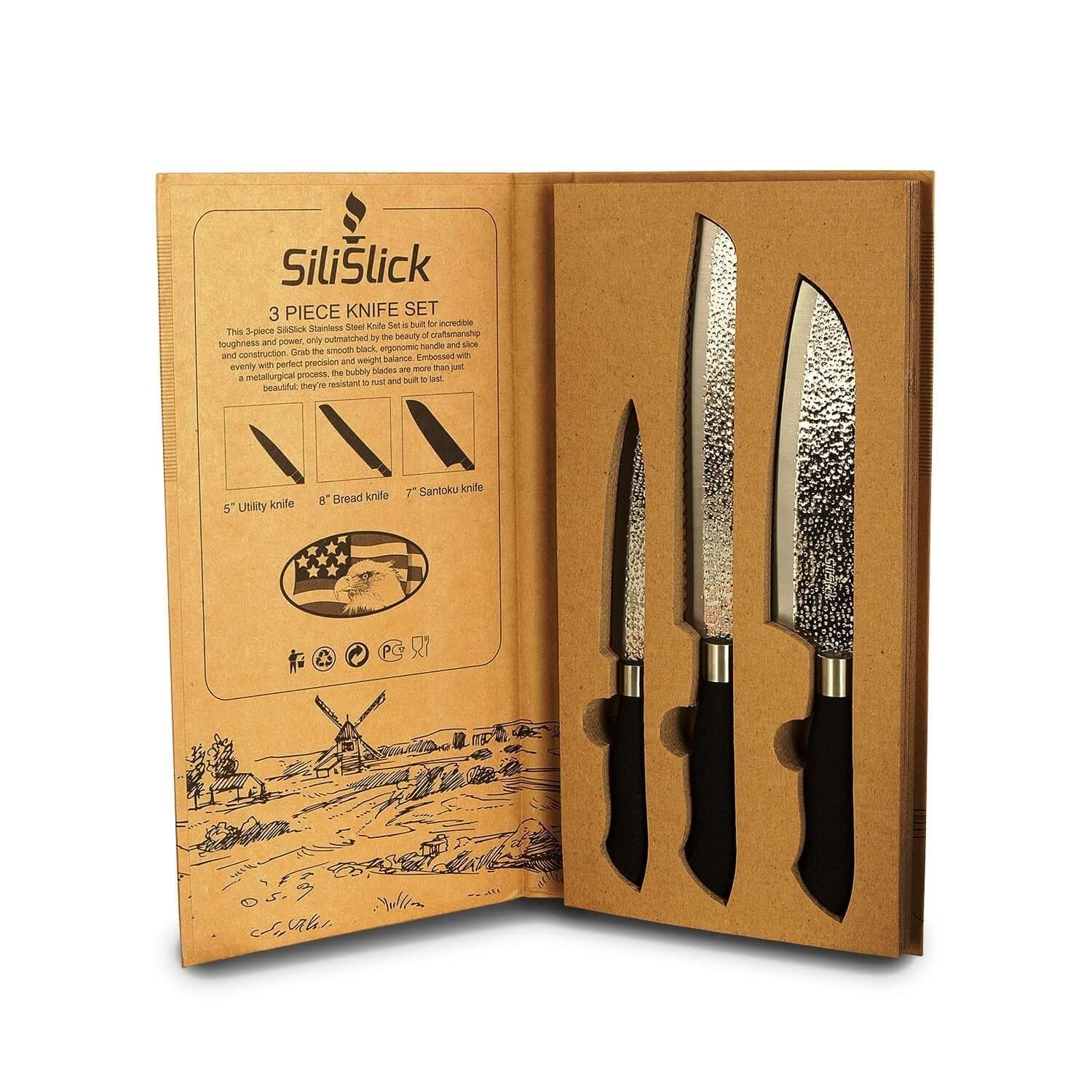 Embossed Hammered Blades 3 Piece Knife Set DC-SiliSlick® dÉsirer